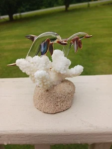 Blown Art Glass Dolphin Figurines on Natural Coral with Gold Fins Signed - Picture 1 of 10