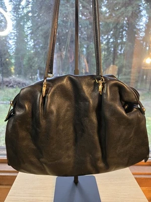 Black Pebbled Leather Vintage Double Handle Hobo Handbag - Image 1 of 4