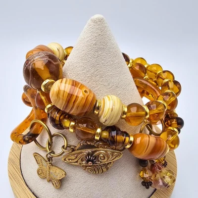 Pulseiras feitas à mão contas vintage berloques de latão elos acrílicos conjunto de 3 declarações - Imagem 1 de 4