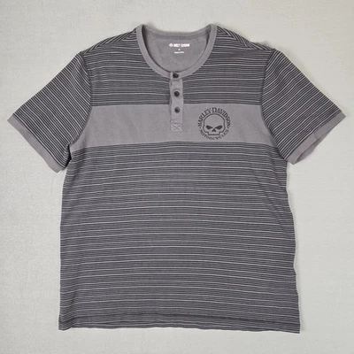 Harley Davidson 衬衫男式 XL 灰色 G 骷髅条纹亨利短袖二手状况完好 — 第 1/4 张图片