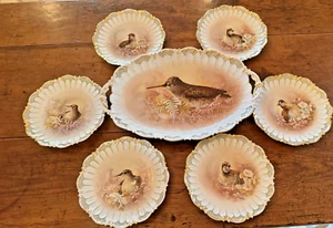 Lovely Antique Handpainted Elite Limoges Game Birds Platter & 6 Plates - Picture 1 of 10