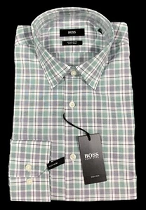 Men's HUGO BOSS White Green Gray + Plaid Dress Shirt 16 32/33 Regular Fit NWT - Picture 1 of 3