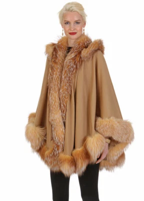 Capa de cachemir con capucha para mujer con piel de zorro de cristal - Capucha desmontable - Camel Foto 1 de 4