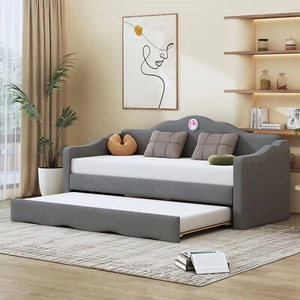 Twin Size Upholstered daybed with Wave-shaped Trundle Gray 1AAE - Picture 1 of 12