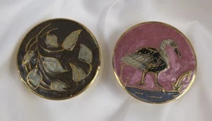 SELTEN 2 Cloisonne Runde Schmuck Deckel Boxen Blätter & Vogel Ente Messing Made in India - Bild 1 von 7