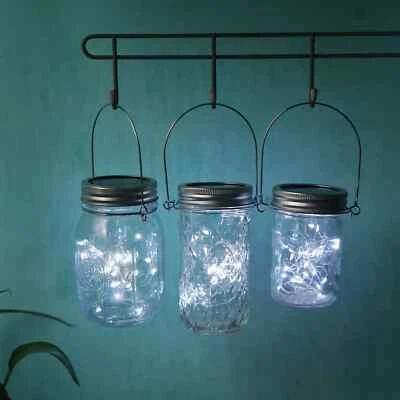 YJFWAL 3 Pack of 30 Cool White Firefly Solar Mason Jar LED String lights with Hangers