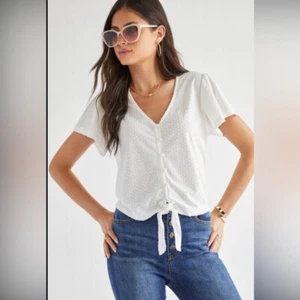 Women’s Francesca’s blue rain Tie Front Blouse. White Small NWT - Picture 1 of 8