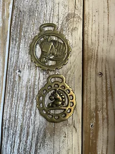 Vintage Set of (2) Horse Brass Medallions Mule & Horse Head - Picture 1 of 8