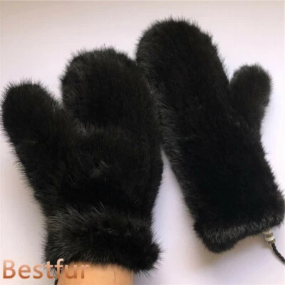 Women's Double Side Real Mink Fur Gloves Warm Knitted Elastic Mittens W String - Image 1 of 4