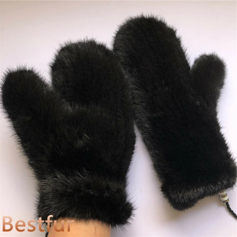 Women's Double Side Real Mink Fur Gloves Warm Knitted Elastic Mittens W String - Image 1 of 4