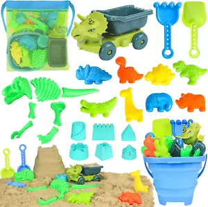 Dinosaur Sand Toy Set with Dump Truck, Bucket, Shovel, Rake, and Sand Molds - Picture 1 of 12