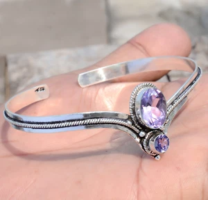 Purple Amethyst Gemstone Bracelet 925 Sterling Silver Cuff Celebration Jewelry - Picture 1 of 8