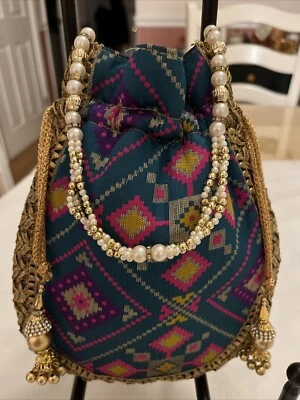 Bolso sin asas bordado hecho a mano indio Potli bolso bolsa con cordón oro rosa Foto 1 de 4