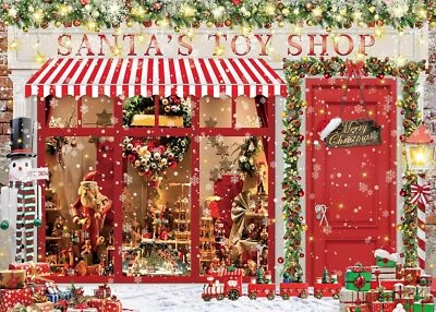 Toile de fond de fenêtre de magasin de Noël magasin de jouets du Père Noël joyeux Noël fond photo - Photo 1/4