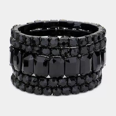 5 Square Crystal Rhinestone Statement Bracelet Stretch Bangle Cocktail Wedding - Image 1 of 4