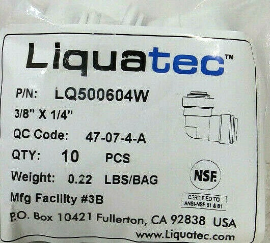Liquatec LQ500604W 3/8" x 1/4" Push To Connect Elbow Bag of 10 - Image 1 of 1