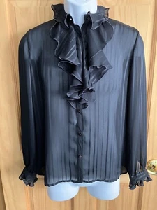 Vintage Sports Galore Women’s 6 Striped Sheer Ruffled Long Sleeve Button Up Top - Picture 1 of 7