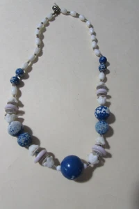 VINTAGE 15" blue & off white (wood?) bead necklace - note paint chipping - Picture 1 of 5