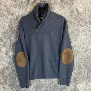 Polo Ralph Lauren Shawl Collar Sweater Mens Small Blue Suede Elbow Patches - Picture 1 of 10