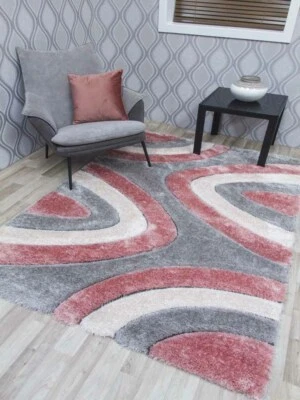 Modern Pink Rugs Grey Cream Thick Chunky Living Room Silky Carpets Heavy Quality - Image 1 of 2