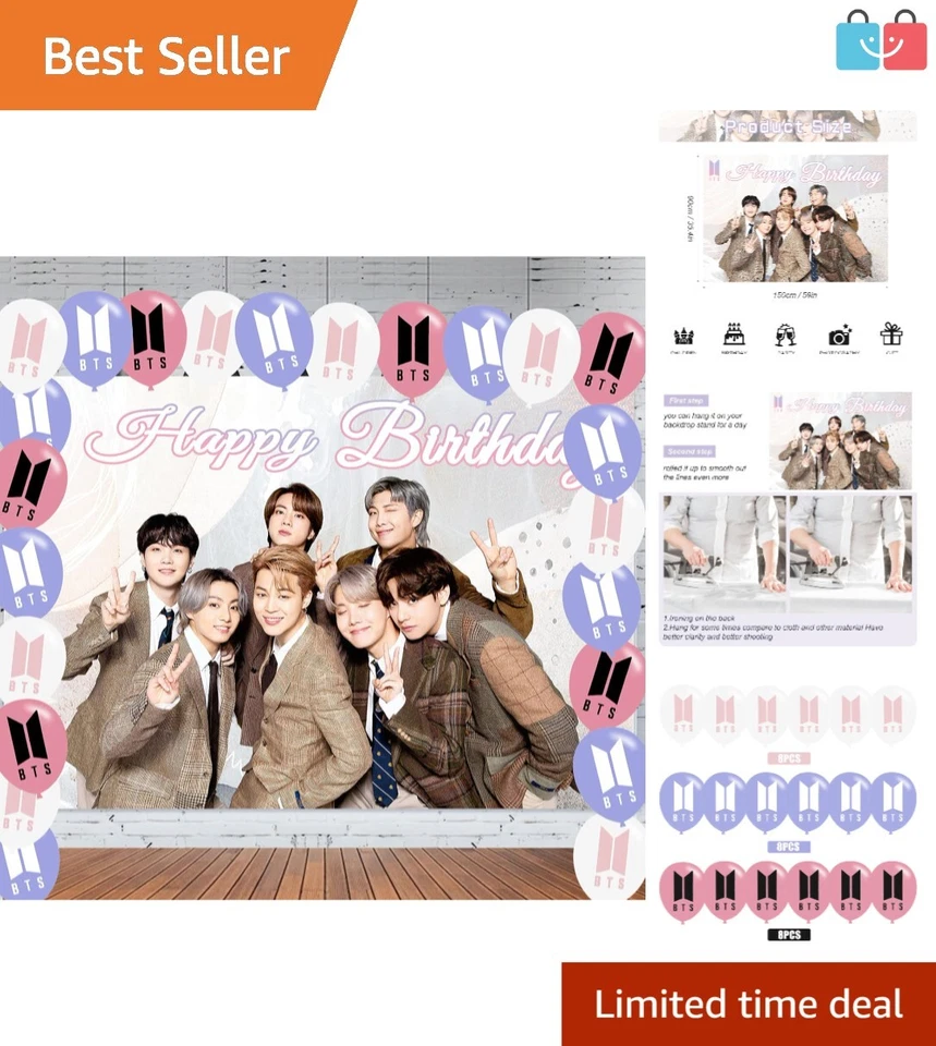 High-Quality BTS Party Decoration: 5FT x 3FT Backdrop with 24-Piece Balloon Set - Image 1 of 4