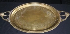 Vintage MCM BRASS TRAY Etched LION HEAD HANDLES Serving Display 26.5" X 14.5" - Picture 1 of 8