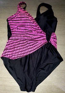 womens OSCAR DE LA RENTA SWIM SWIMMING SUIT size 12 black HOT PINK BRA nice! - Picture 1 of 2