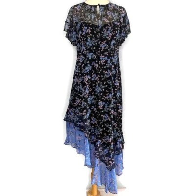 Nanette Lepore Black Blue Floral Desdemona Flutter Silk Asymmetrical Dress 4 NWT - Image 1 of 4