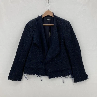 Blazer Express Mujer Pequeño Azul Marino Tweed Boucle Flecos Frente Abierto Chaqueta Nuevo con Etiquetas Foto 1 de 4