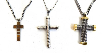 (3) Collar Religioso de Grano de Madera Jesús Cruz Oro Plata Metal Acero Inoxidable Foto 1 de 4