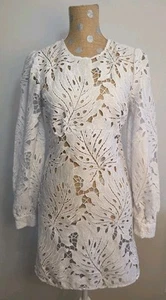Michael Kors White Chambray Palm Guipure Lace Mini Dress Limited Edition Sz 8  - Picture 1 of 8