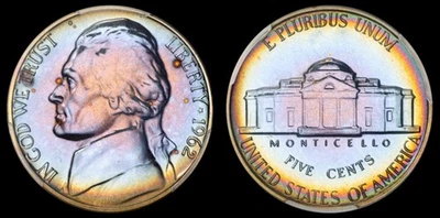1962 Jefferson Nickel PCGS PR66 Rainbow Toned Proof Coin 5C Gold Shield Secure - Image 1 of 2