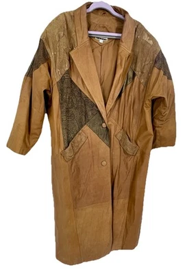Vintage Diana Marco Leather Patchwork Brown Long Trench Boho Statement Jacket 22 - Image 1 of 4