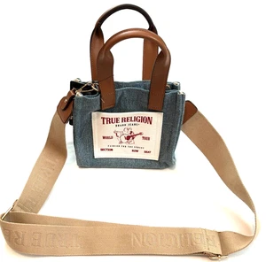 True Religion Buddha Mini Blue Denim Boho Bag Crossbody Tan Adjustable Strap - Bild 1 von 11