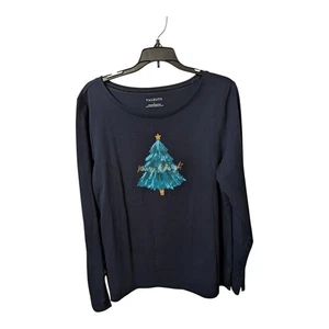 Talbots Women’s Large Navy Christmas Tree Top Merry & Bright Long Sleeve - Picture 1 of 3