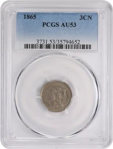 1865 Three Cent Nickel AU53 PCGS - Picture 1 of 2