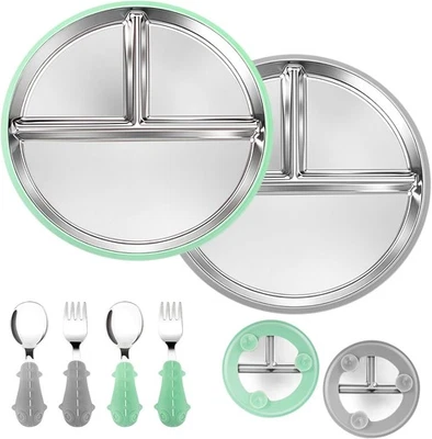 2 Stück Edelstahl Babyteller mit Saugnapf, 24.5cm Geteilte Teller mit - Bild 1 von 4