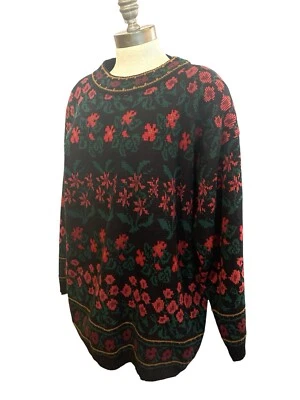 Винтажный VENEZIA женщин 18/20 вязаный пуансеттия зеленый и красный рождественский свитер - Изображение 1 из 4