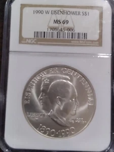1990 W, Eisenhower Centennial 90% Silver Dollar- BU, NGC MS-69 - Picture 1 of 3