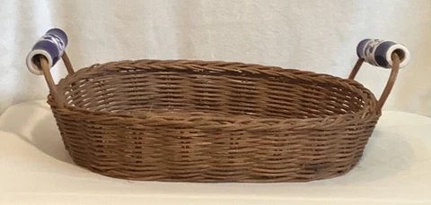 Vintage Large Oval Wicker Basket with Blue and White Ceramic Handles 15x11 Cover