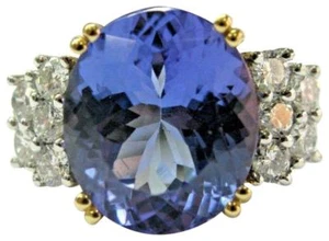 Oval Tanzanite & Diamond Ring Two-Tone Solid Gold 18Kt AAAA/VS 8.42Ct Sizeable - Picture 1 of 5
