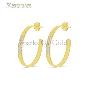 Genuine Pave Diamond Wide Hoop Earrings 14k Yellow Gold Party Wear Jewelry GIft - Picture 1 of 3
