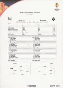 2009/10 Fulham v AS Roma UEFA Cup Group Stage Teamsheet - Picture 1 of 1
