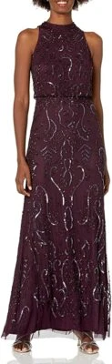 Adrianna Papell Women's Beaded Mesh Dress, Night Plum, 10 - Image 1 of 2