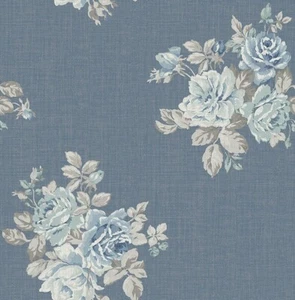 Wallpaper Blue White Gray Floral Bouquet on Blue Shiny Gold Faux, 56 sq ft bolt - Picture 1 of 2