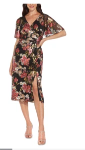 Adrianna Papell Women 14 W Dress Black Floral Foiled Mesh Draped Midi New NWT - Picture 1 of 12