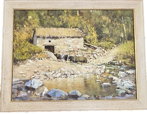 Vintage Original Oil Painting Desert Creek Cabin Signed Artwork 21.5" x 28" - Picture 1 of 12