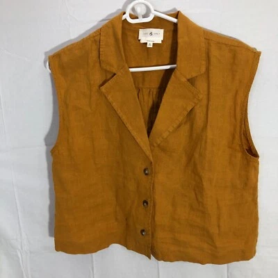 Blusa Top Blusa Lou & Gris Sin Mangas Botones Amarillo Mostaza 100% Lino S Croppe Foto 1 de 4