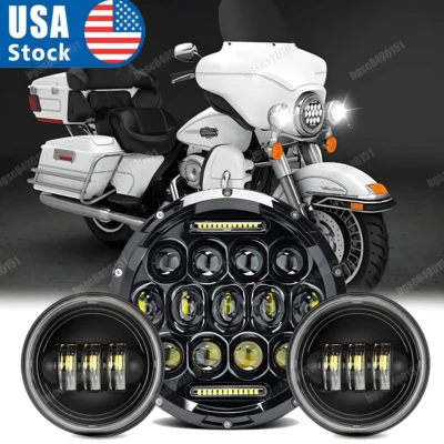 Faro LED redondo de 7" + luz de paso antiniebla de 4,5" para Harley Touring Electra Glide Foto 1 de 4