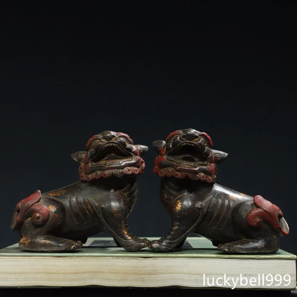 Antigua estatua de bestia león pareja dorada bronce dinastía Qing hecha a mano de China de 10" Foto 1 de 4